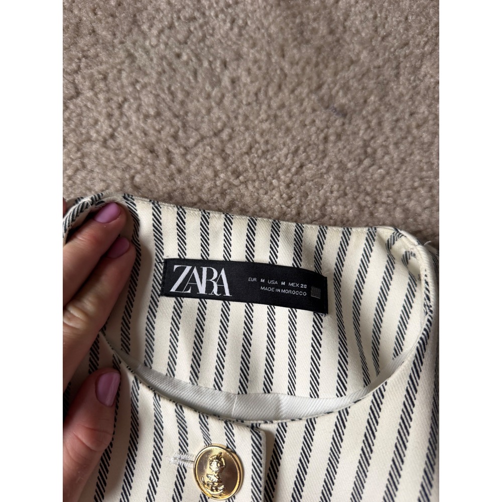 Zara Blazer Cropped Striped Gold Button Nautical Cream Navy Medium - Picture 4 of 9